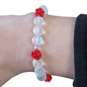 Handmade 7 Inch Rose Buds & Moon Crystal Bead Bracelet | Glass Spacer Slip-On